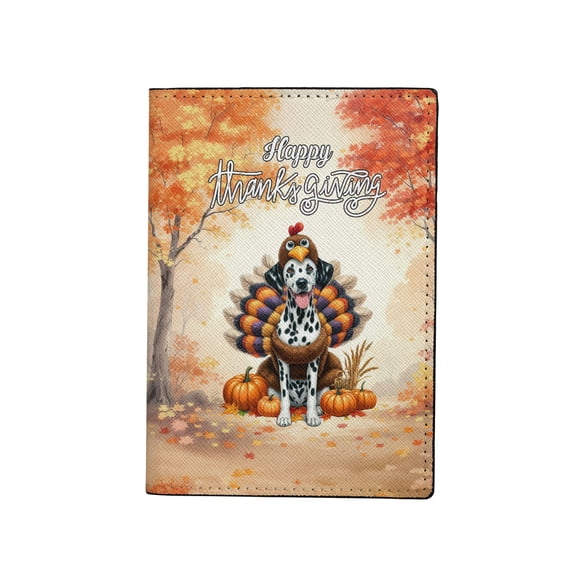 Happy Thanksgiving Dalmatian Turkey Costume Pumpkins Autumn Leaves Travel Passport Wallet Dog Lover PU Leather Passport Holder Cover - 13014
