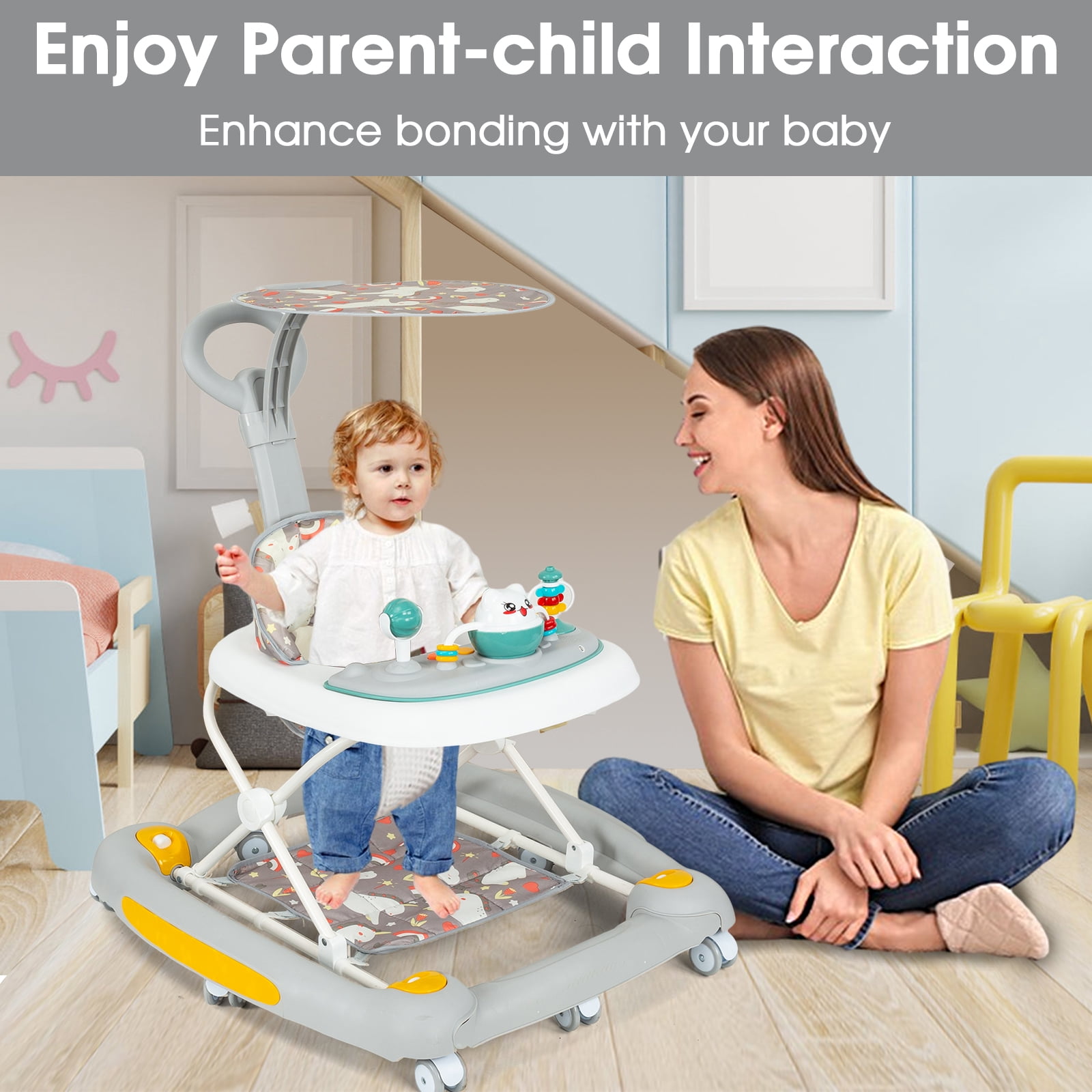JieC 6-in-1Foldable Push Walker with Musical Activity Station for 6-24 Months for Boys Girls Babies 6-36 Months,Gray