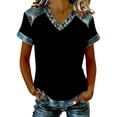 thumbnail image 2 of Womens Tees Casual Short Sleeve T Shirt with Denim Collar Loose Fit V Neck Top Everyday Wear Summer Tops for Women Black L, 2 of 4