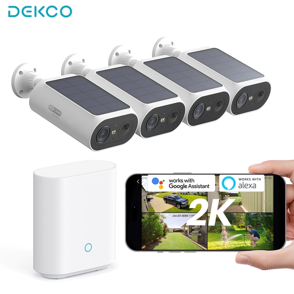 AOSU Security Cameras Solar Power, 2K Wireless Outdoor Home Security Cameras System with 32G Free Storage, No Subscription,Works with Alexa, 4 Cam-Kit
