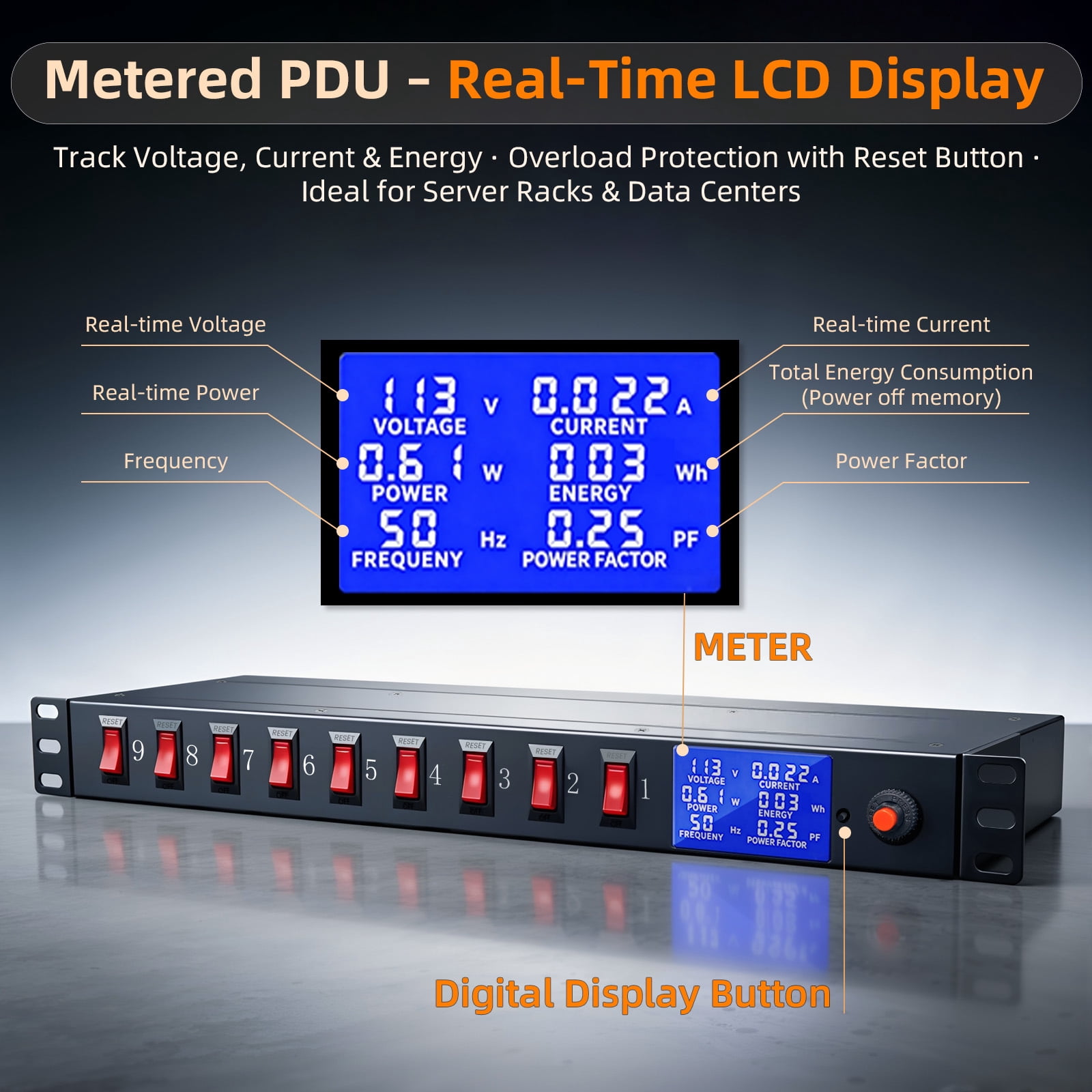 ZHANGONG Rack Mount Power Strip with Individual Switches, 9-Outlet 1U PDU with Digital Display, 15A 1875W Overload Protection, 6.5FT Cord for Server Rack Network