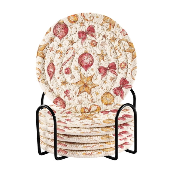 6 Pcs Drink Coasters with Holder 3.94in Woven Coasters for Drinks Delicate Christmas Ornaments Coaster Set for Protection Table