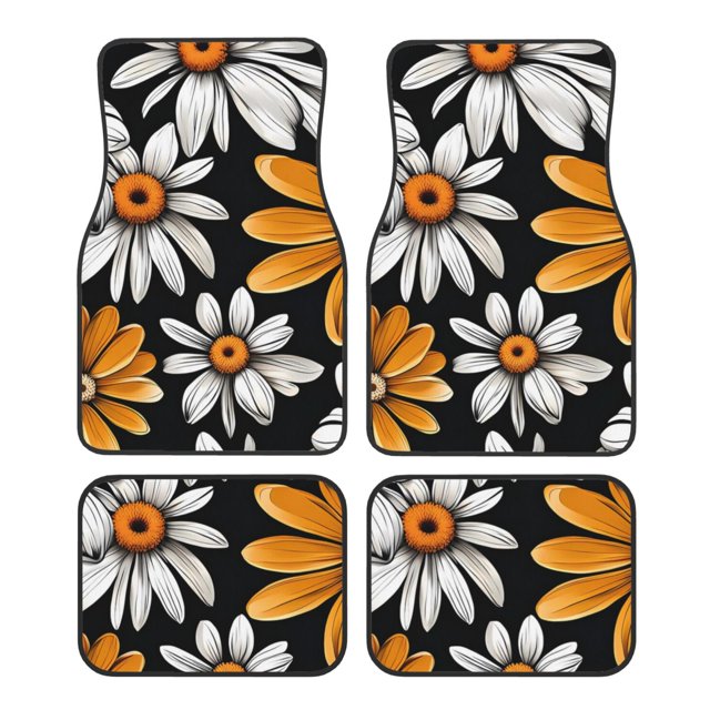 Balery Yellow White Daisy Pattern Juego de 4 Alfombrillas para Auto, Revestimientos de Caucho Resistente, Diseño Antideslizante