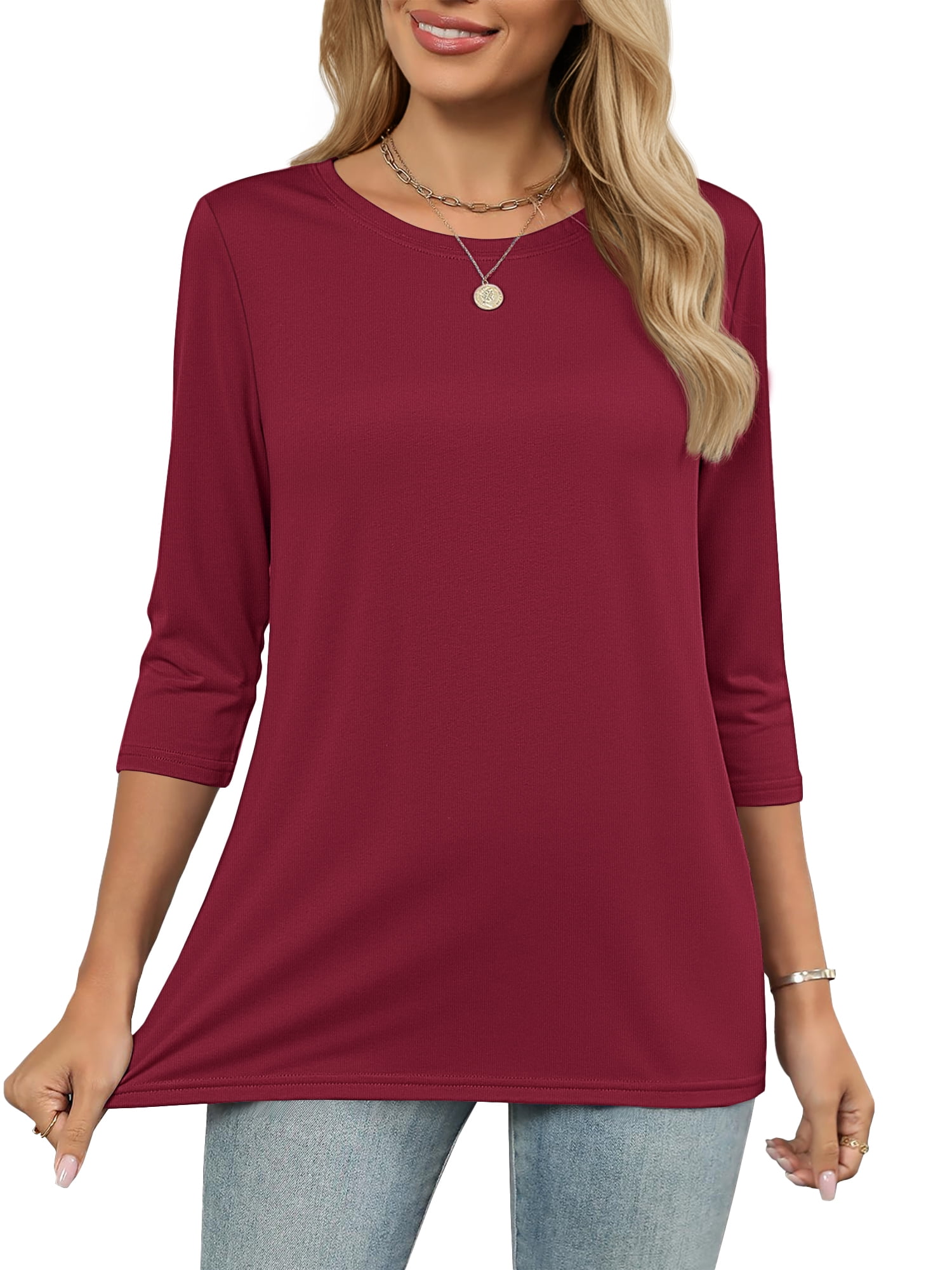 MOSHU 3 Pack 3/4 T Shirts for Womens Crew Neck Womens Plus Size Shirts Dressy Basics Tees Casual Loose Fit Fall Tops