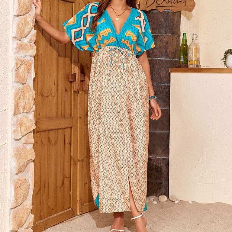 loose boho dresses Qulqfy Boho Dresses for Women Maxi Short Sleeve Casual Loose Loose Hawaiian V-Neck Waist Tie Multicolor Beach Cover Up Long Dresses Free Size, Women's