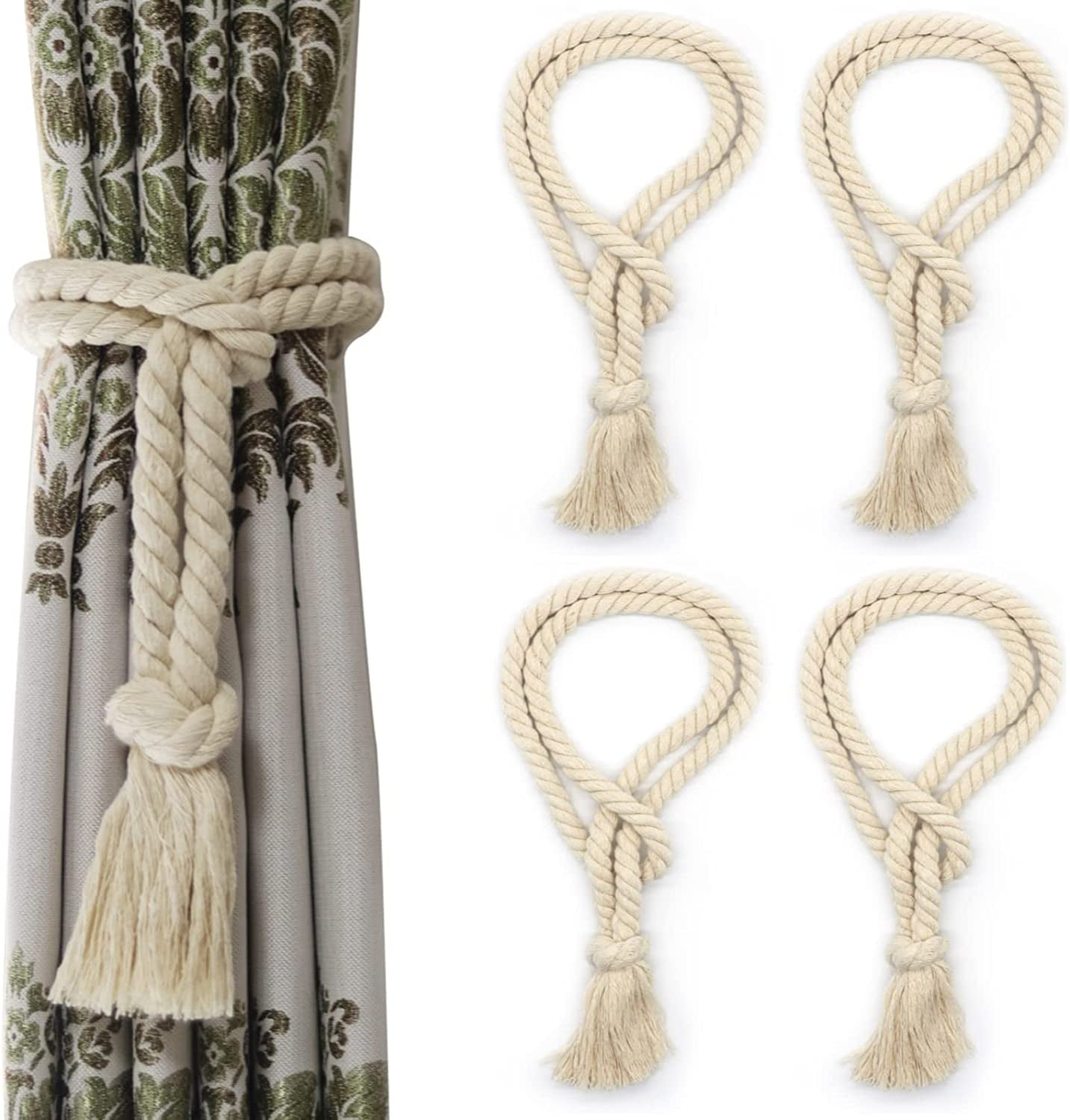 4 Pack Curtain Tiebacks Rope, Outdoor Curtain Tiebacks, Natural Cotton