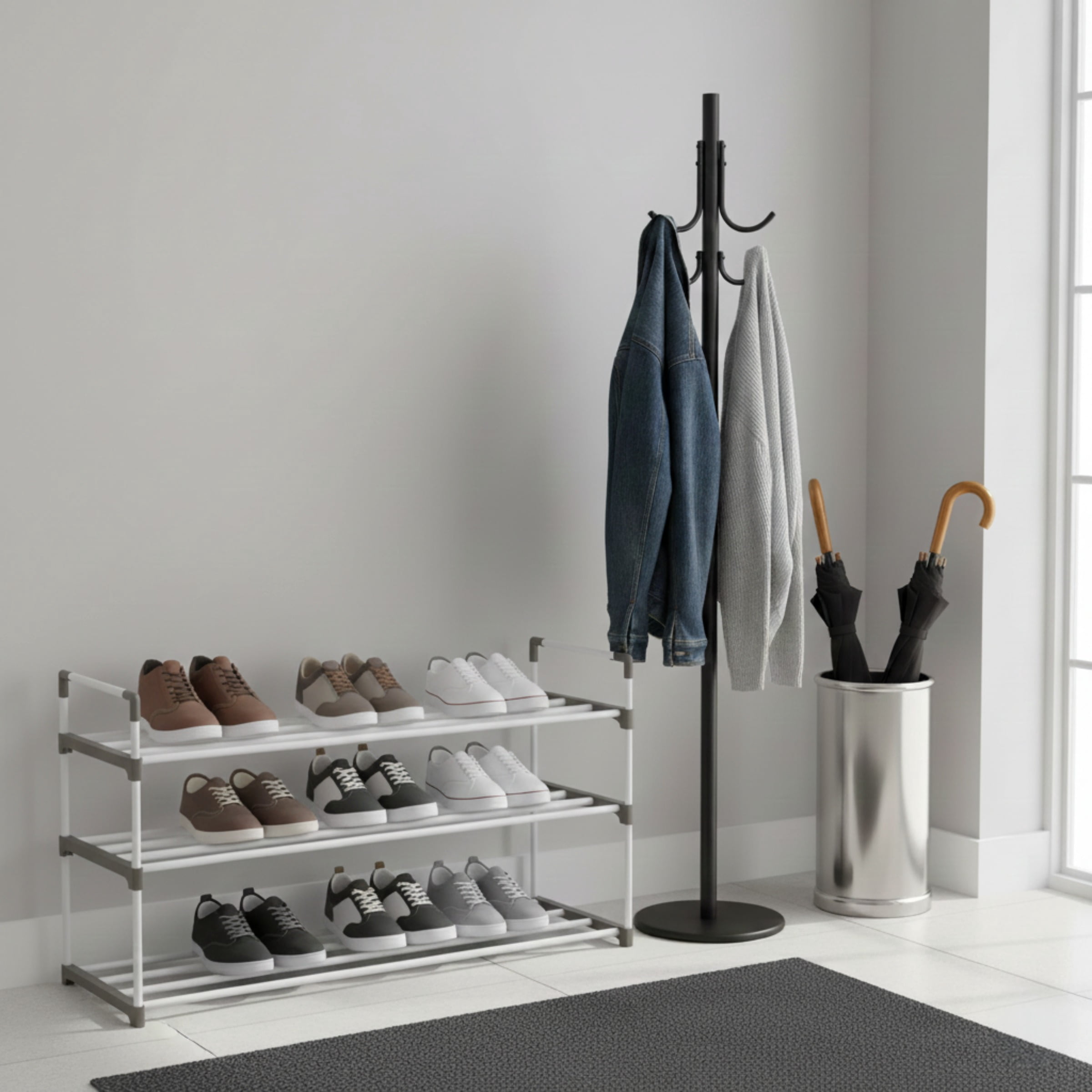 Home-Complete 3-Tier Shoe Rack Organizer, Shelf Holds 15 Pairs Sneakers, Heels, Boots (White)