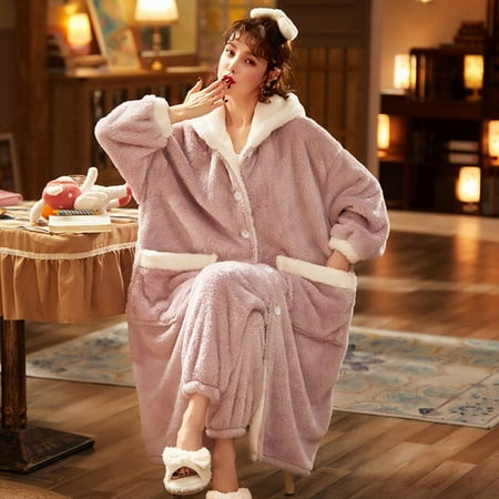 

DanceeMangoo Women Sleepwear Plus Size XXL Winter Pyjamas Intensification Nighty Loose Version Medium Style Hooded Pajamas Plush Pajama set