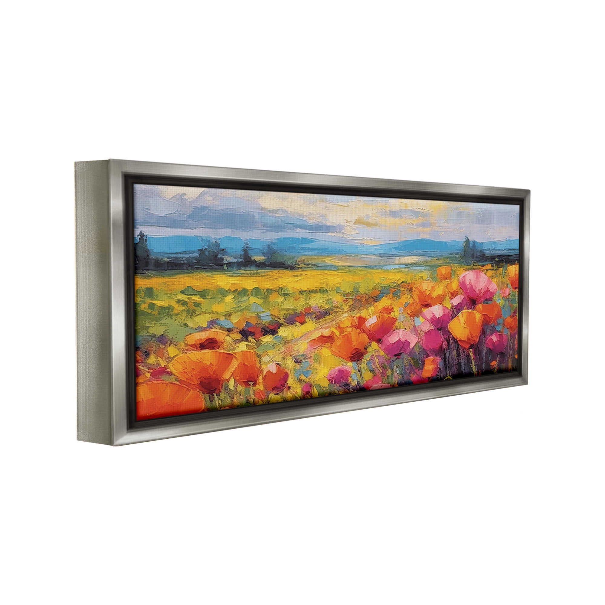 Stupell Industries Bright Tulips Landscape Landscape Painting Gray Floater Framed Canvas Art Print Wall Art, 31 x 14