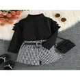 thumbnail image 3 of Toddler Girl Autumn Clothes Set  Ruffled Long Sleeve High Neck Ribbed Pullover + Houndstooth Print Shorts + Belt, 3 of 9