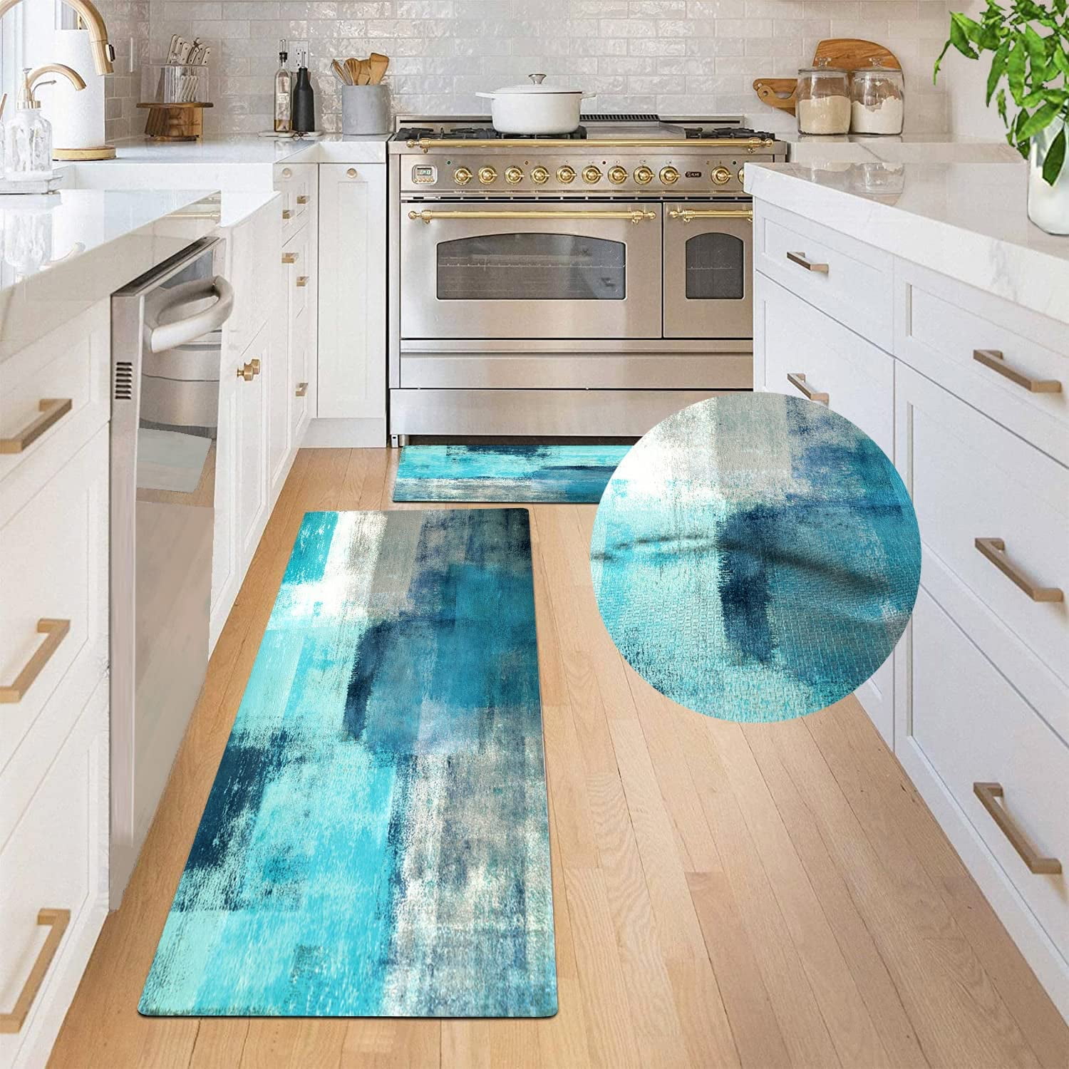 Kitchen Mat 2 PCS Teal Kitchen and Mats Turquoise Grey Abstract Art Cushioned AntiFatigue