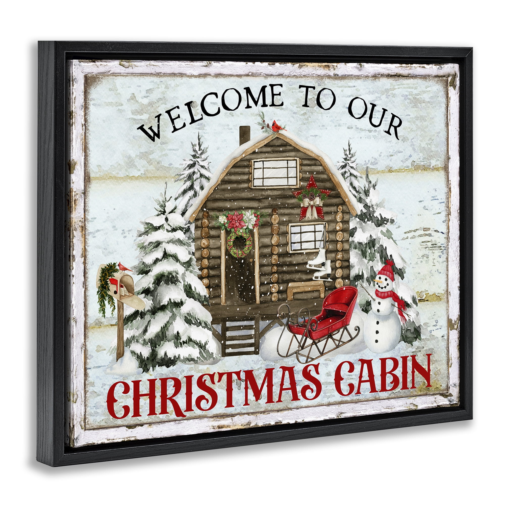 Stupell Industries Welcome Christmas Cabin Holiday Painting Black Floater Framed Canvas Art Prints Wall Art, 31 x 25