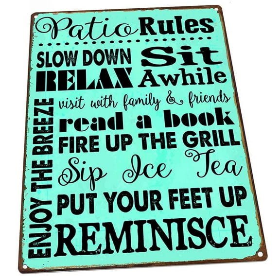 Turquoise Patio Rules 9"x12" Metal Sign, Wall Decor for Porch, Patio, or Deck