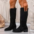 thumbnail image 2 of Xfvqtps Womens Chunky Heel Western Cowboy Boots Pointed Toe V Cut Design Fashion Winter Comfortable Thigh High Boots Nubuck Leather for Women Black, 2 of 9