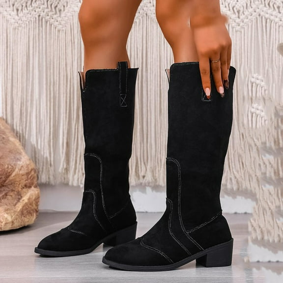 Miluxas Knee High Boots for Women Snip Toe Chunky Heel Cowboy Cowgirl Boots Ladies Fall Wide Calf Tall Boots Black 9.5(43)
