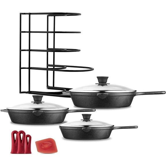 Cuisinel 7-Pc Cast Iron Skillet Set with Pan Organizer Pre-Seasoned Cookware Set, Small