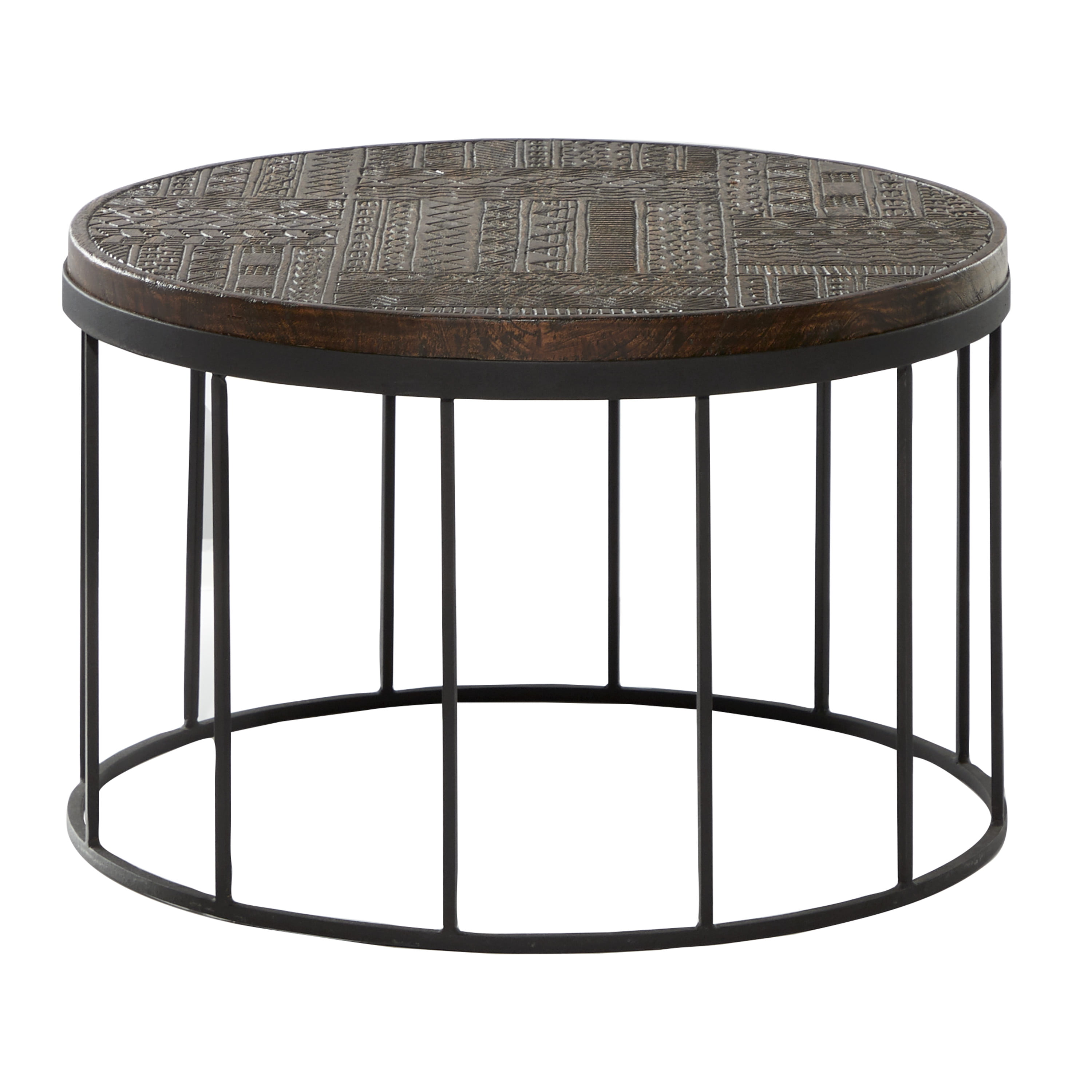 Decmode Decorative Carved Round Wood Coffee Table with Metal Base, 25