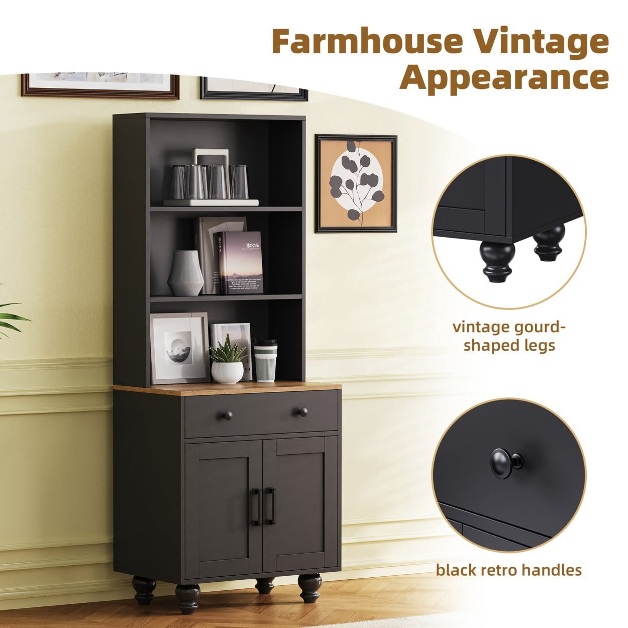 Farmhouse Storage Cabinet with Drawer, Adjustable Shelves & Doors, 63" Kitchen Pantry Cabinet, Bookcase, Black