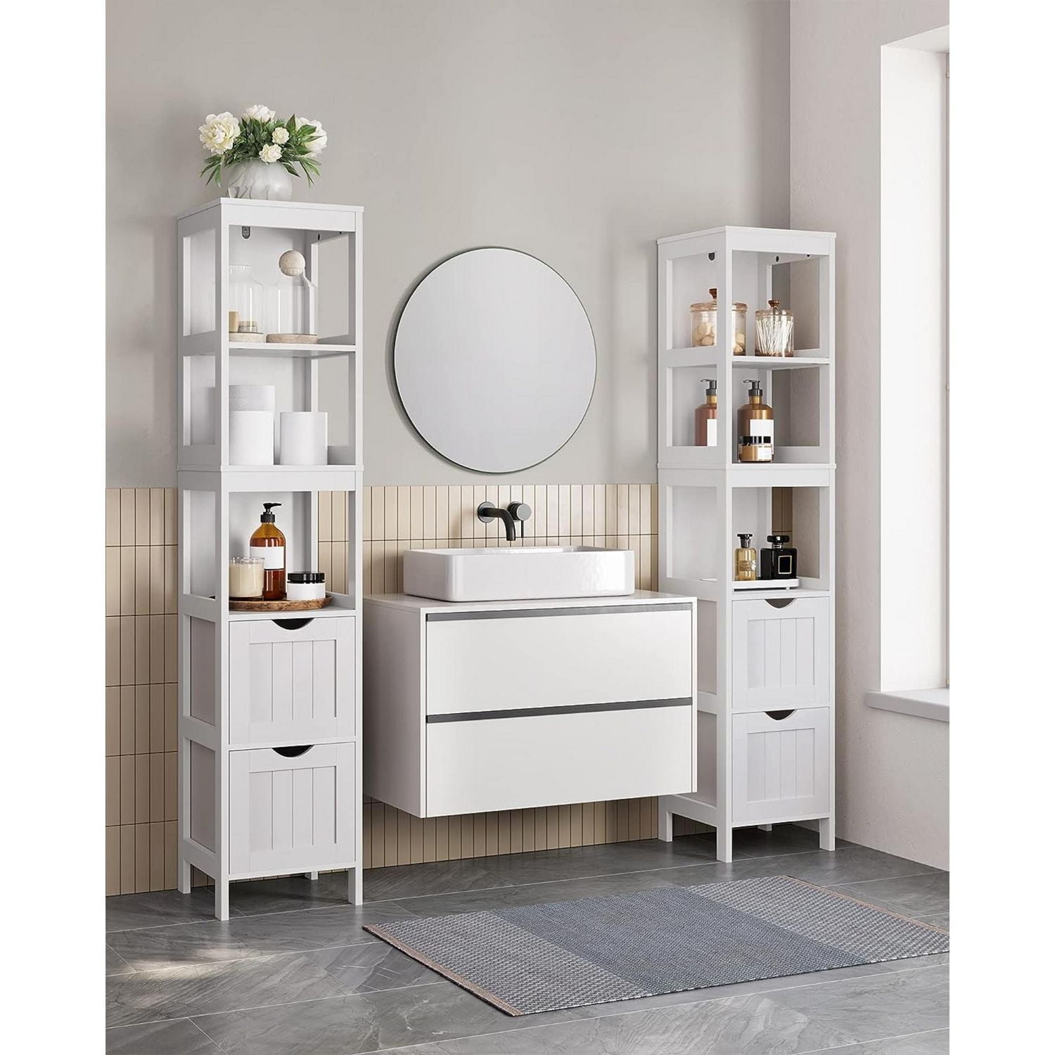 Boutique Home Bathroom Tall Cabinet Freestanding Storage Unit with 2 Drawers and 3 Open Shelves, White