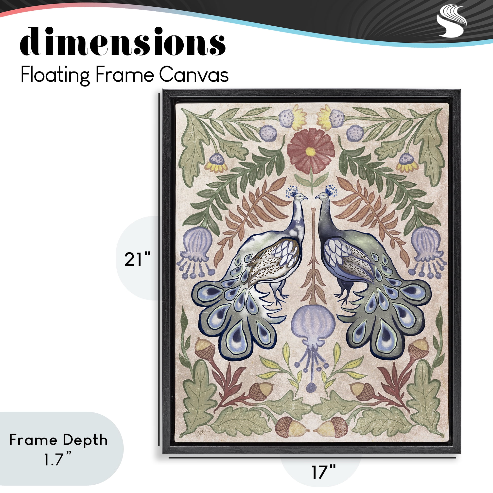 Stupell Industries Symmetrical Peacock & Flower Pattern Black Framed Floater Canvas Wall Art, design by Elizabeth Medley