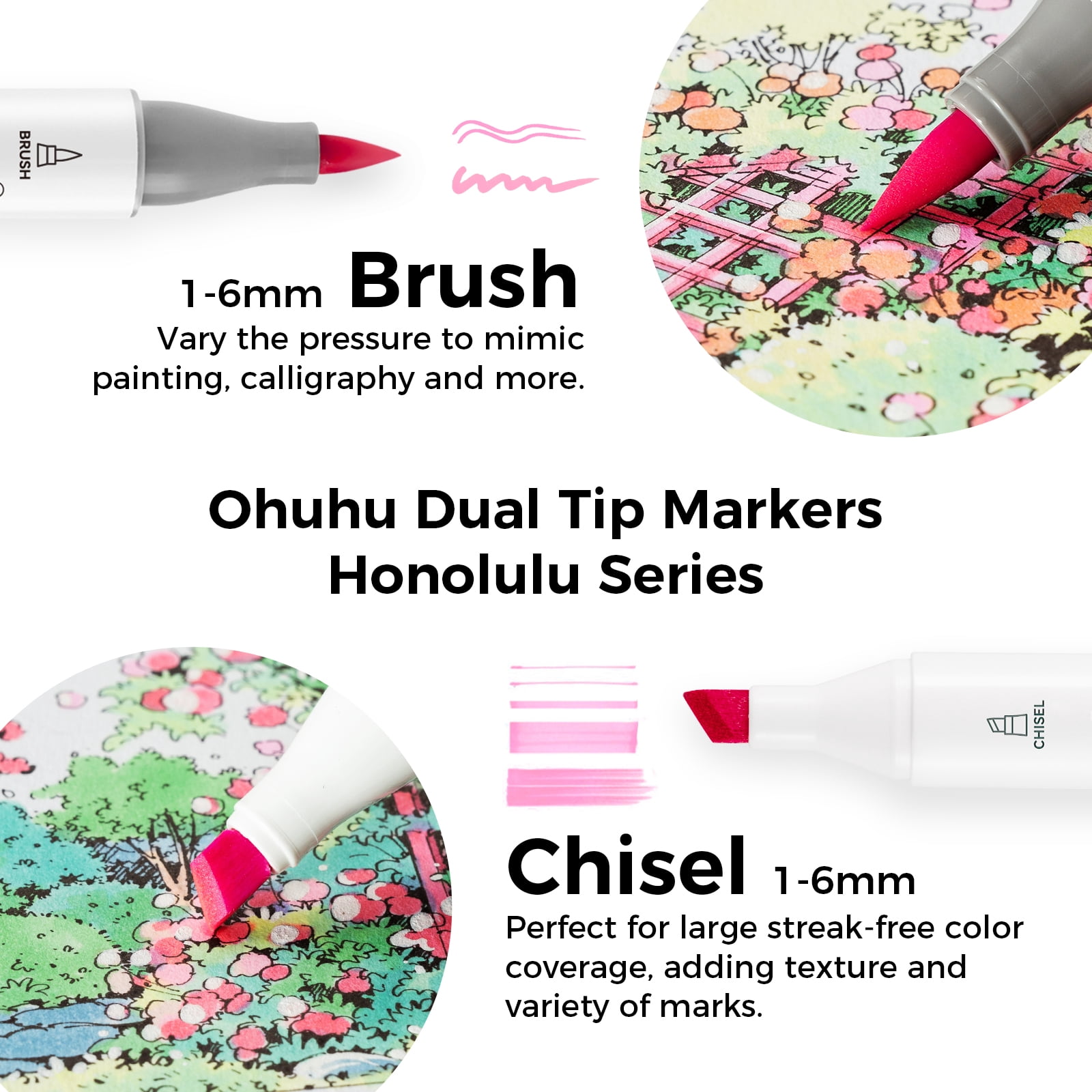 Ohuhu 48 Pastel Colors Brush & Chisel Alcohol-Based Markers + 1 Colorless Blender for Artist Adults' Coloring-Unique Packaging