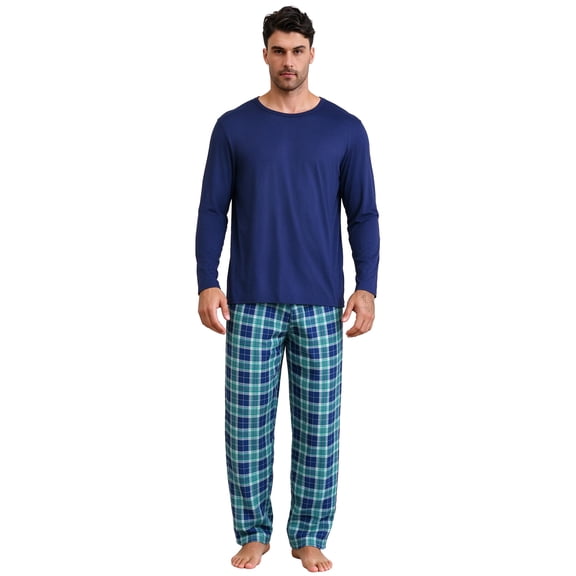 ZEFORTEX Men's Pajamas Set Long Sleeve Top with Plaid Pants Soft Sleepwear Loungewear