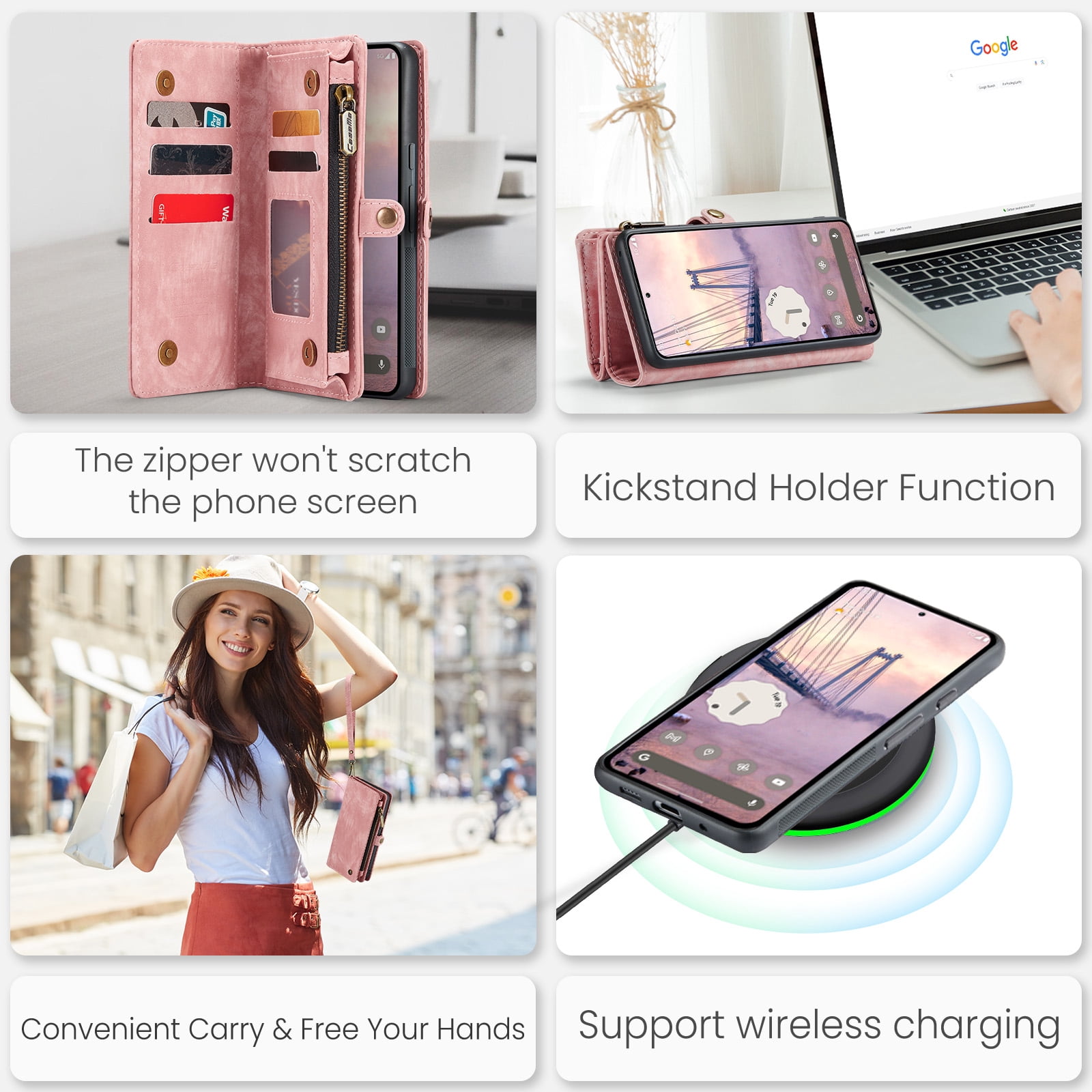 Feishell Durable 2- In-1 Magnetic Detachable Wallet Case for iPhone 16,for Women Men,Premium PU Leather Zipper Pocket Flip Multi Card Slots Purse Phone Case with Wrist Strap,Pink