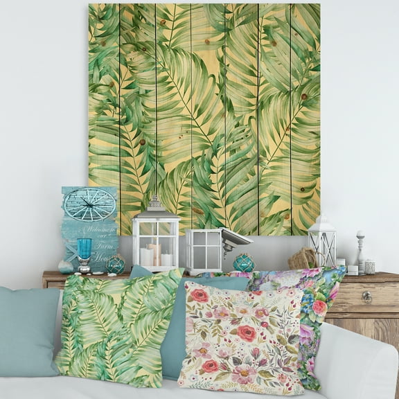 Designart 'Tropical Green Leaves of Monstera' Tropical Print on Natural Pine Wood