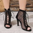 thumbnail image 2 of Stiletto Heels for Women Breathable Mesh Dancing Boots Lace Up Sandals Open Toe High Heel Party Shoes, Black, Size 7.5, 2 of 9