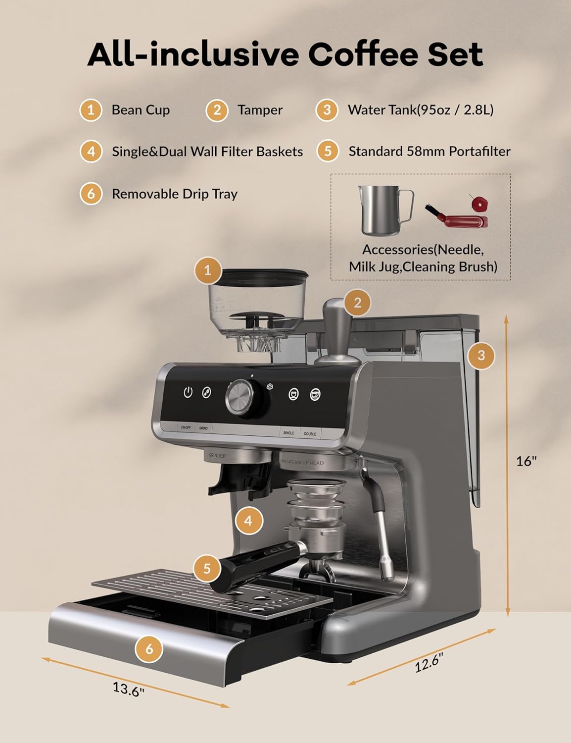 Espresso Machine with Grinder and Milk Frother Steam Wand, 20 Bar Coffee Maker with 95oz Water Tank, Professional 3 In 1 Espresso Maker for Cappuccino and Latte (1450w) - Light Gray