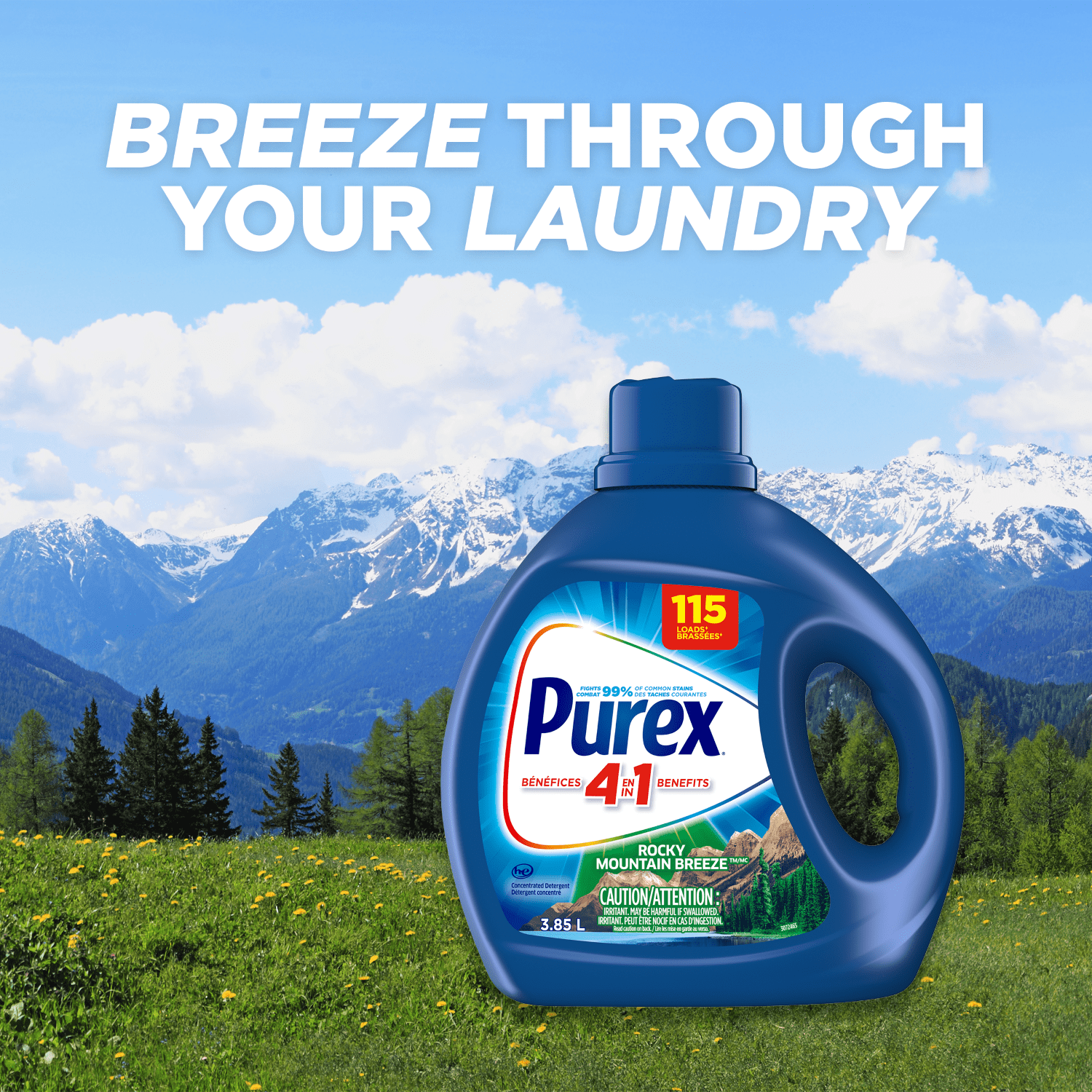 Purex Rocky Mountain Breeze, Concentrated Liquid Laundry Detergent with 4in1 benefits, Tough on Stains, Brightens and Whitens Clothes, 3.85L, 115 Wash Loads, HE Compatible