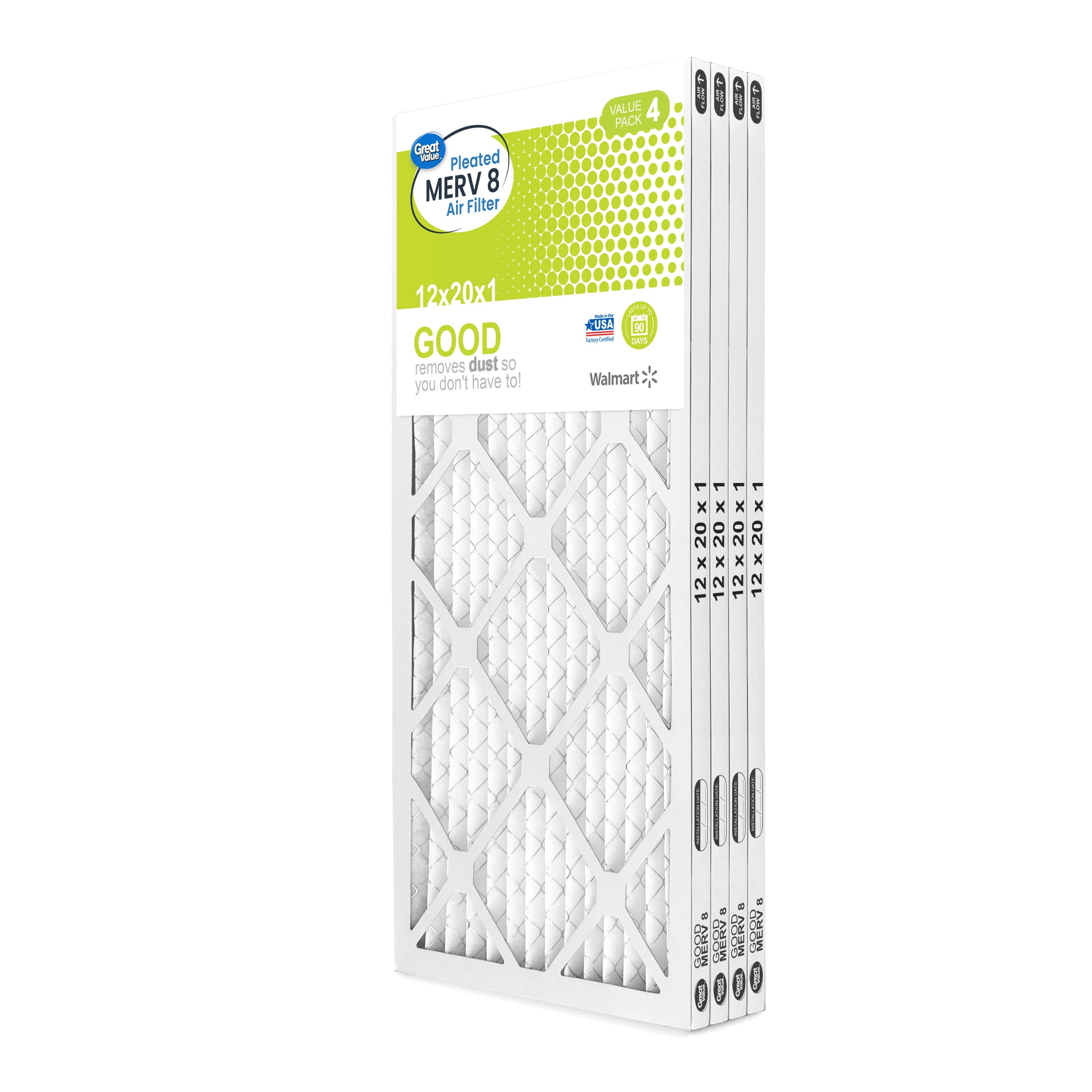 Great Value, 12x20x1, MERV 8 GOOD HVAC Air and Furnace Filter, Captures Dust, 4 Filters