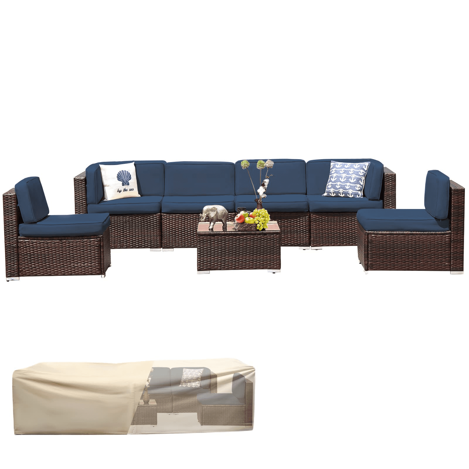 Amopatio 7 Pieces Patio Conversation Set, Outdoor Sectional PE Rattan Wicker Furniture Seat,Blue