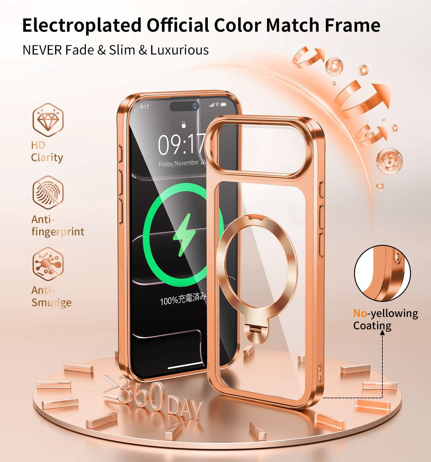 JETeacka CD Metal Ring & Invisible 360° Spin Stand Magnetic Case for iPhone 17 Air Electroplated Bumper Compatible with MagSafe Slim Clear Cover-Orange