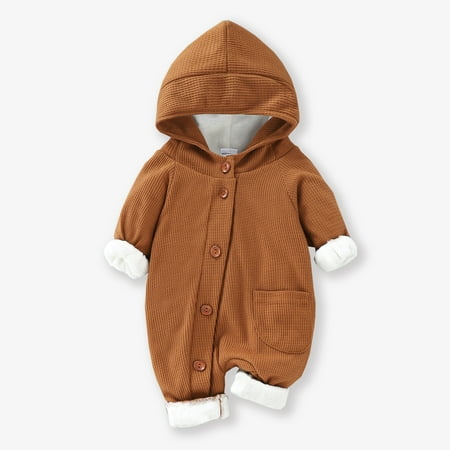 

PatPat Unisex Infany Baby Thickened Fleece Lined Hooded Waffle Jumpsuit Long Sleeve Cotton Button Bodysuit Onsies Romper with Pocket Warm Fall Winter Boys Girls Outfit Clothes 0-18month