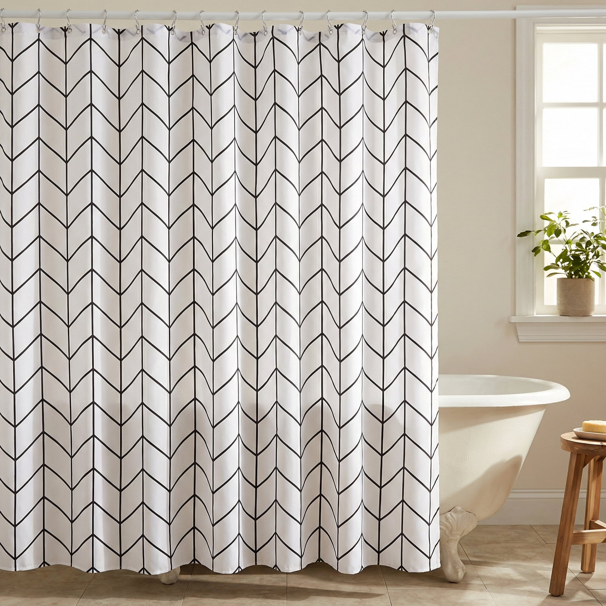 Unique Bargains Waterproof V-Stripe Shower Curtain Sets with 12 Hooks White 71"W x 71"L