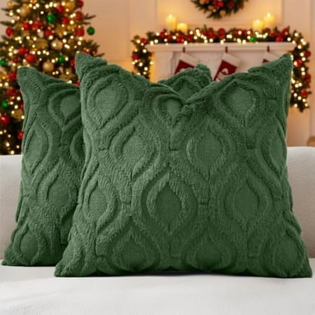 Christmas Throw Pillow Covers 24×24 Inch Set of 2 Soft Plush Decorative Faux Fur Forest Elf Solid Couch Pillow Covers Accent Farmhouse Neutral Square Euro Pillow Cases for Sofa