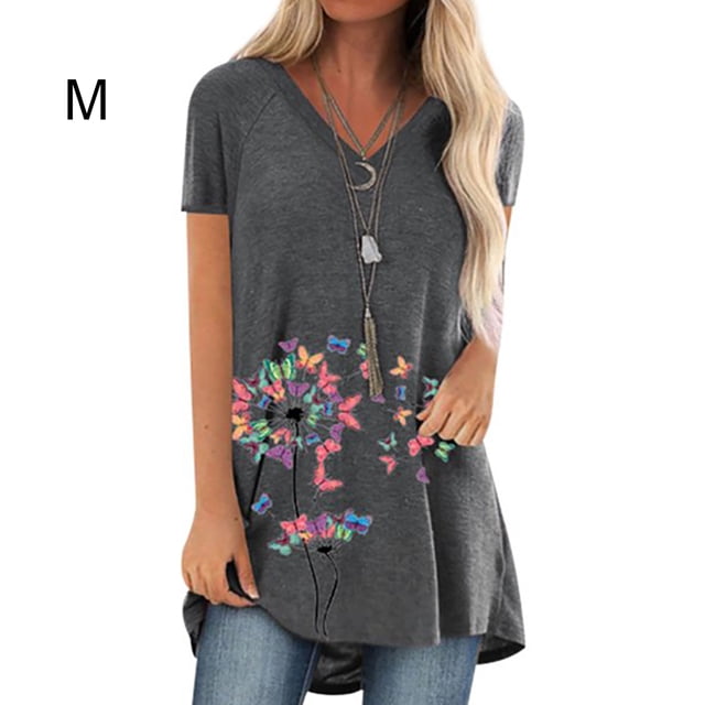 Camiseta Con Cuello En V Blusa De Manga Corta Suelta Mujer Top De Verano Estampado, Gris, M AweSitey AP002392-02