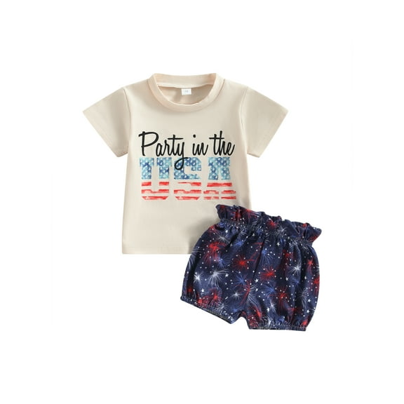 Bagilaanoe 4th of July Clothes for Toddler Baby Girls Short Sleeve Letter Print T-Shirt Tops   Shorts 6M 12M 18M 24M 3T Kids Independence Day Outfits 2pcs Short Pants Set
