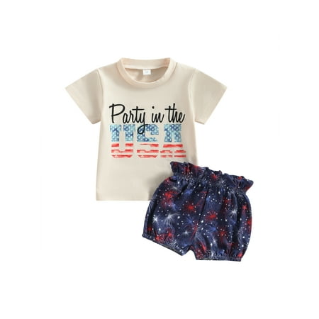 

Bagilaanoe 4th of July Clothes for Toddler Baby Girls Short Sleeve Letter Print T-Shirt Tops + Shorts 6M 12M 18M 24M 3T Kids Independence Day Outfits 2pcs Short Pants Set