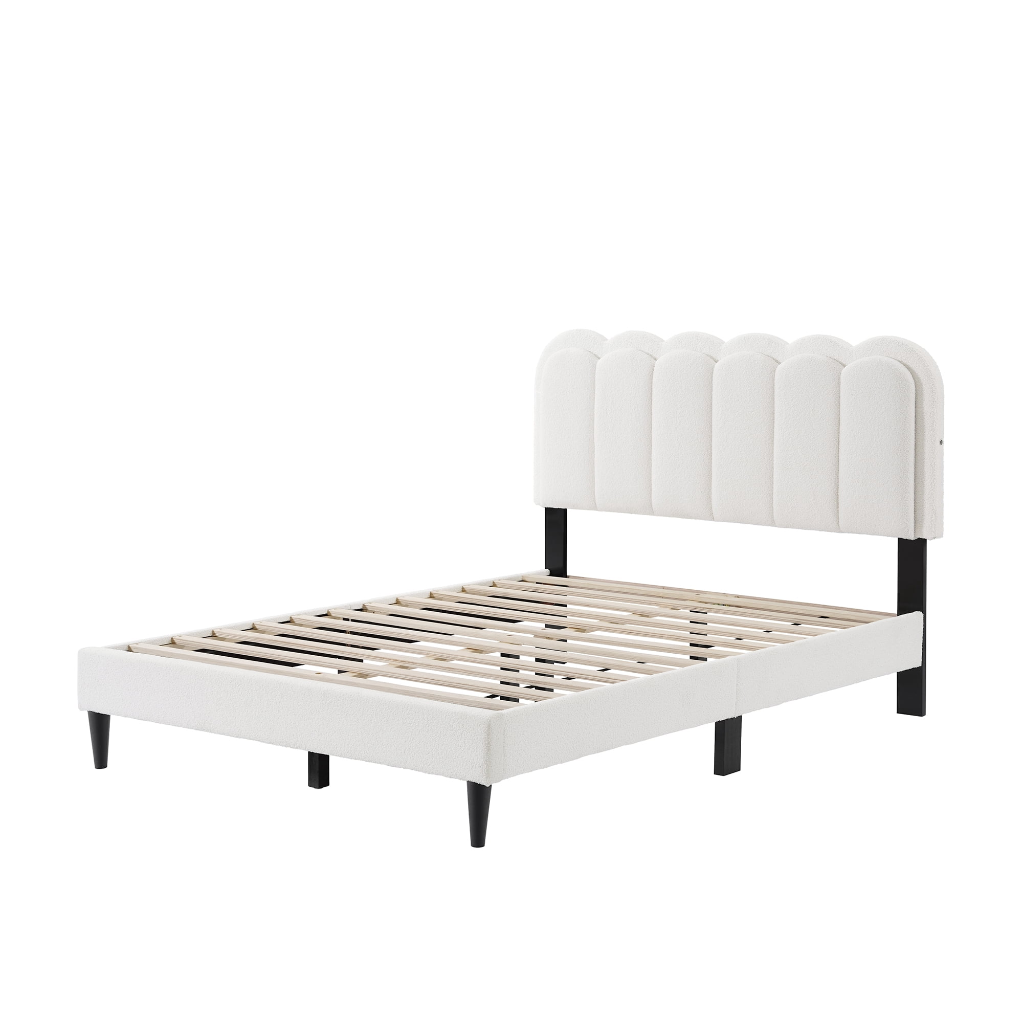 Mintazer Full Size Upholstered Platform Bed Frame with Scalloped Tufted Headboard and LED Light, Boucle Bed for Bedroom, No Box Spring Needed, White
