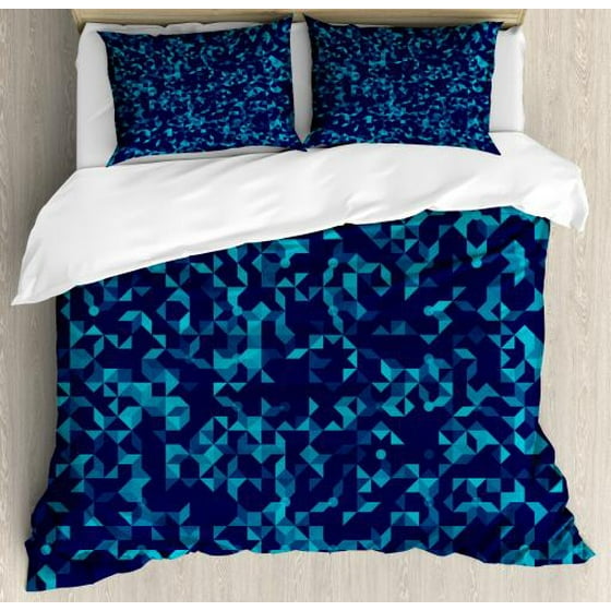 Navy And Teal King Size Duvet Cover Set Abstract Triangles With Dots Geometric Arrangement In Blue Shades Decorative 3 Piece Bedding 2