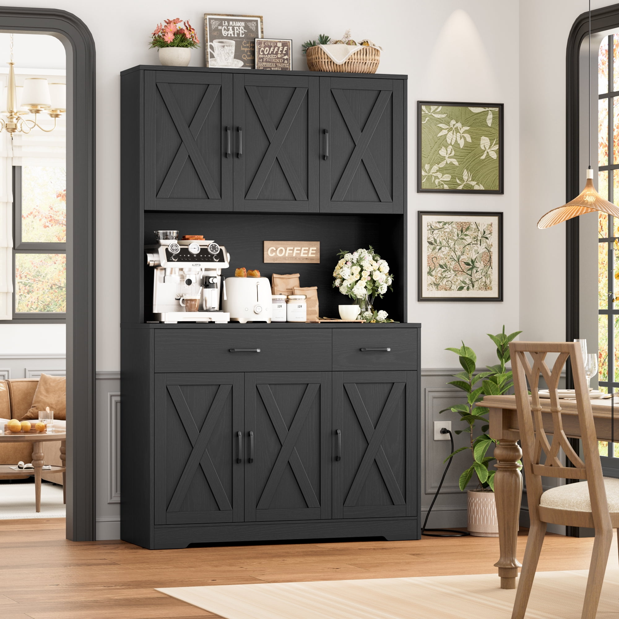 Homfa 71" Kitchen Pantry with Charging Station, Freestanding Cupboard with Adjustable Shelves, Floor Cabinet for Dining Room, Black Wood Grain