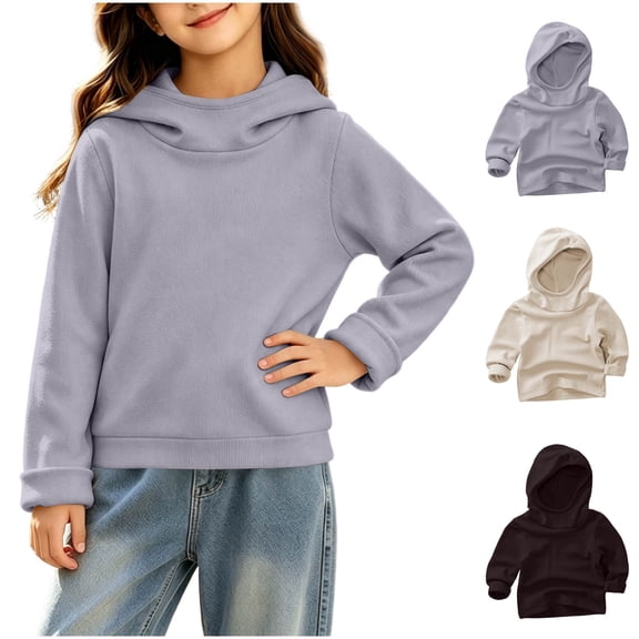 Girls Solid Color Pullover Hooded Sweatshirt, Draped Cowl‑Neck Long Sleeve Casual Hoodie, Soft Loose‑Fit Kids Tops