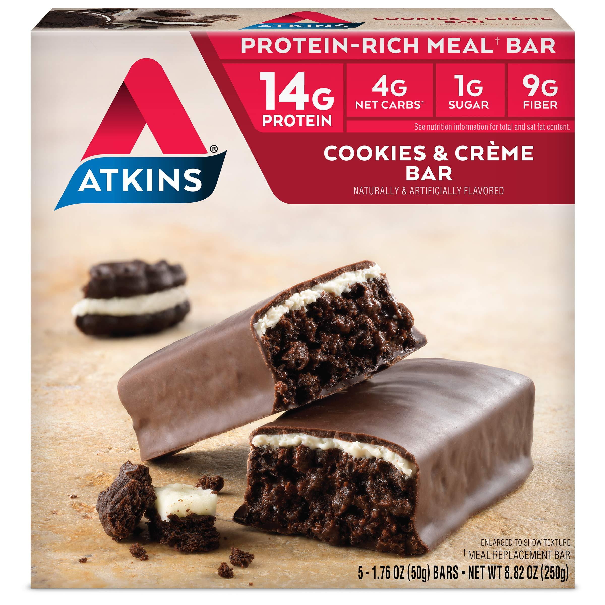 Atkins Protein-Rich Meal Bar, Cookies n' Crème, Keto Friendly, 5 Count Cookies n' Creme 8.8 Ounce (Pack of 1)
