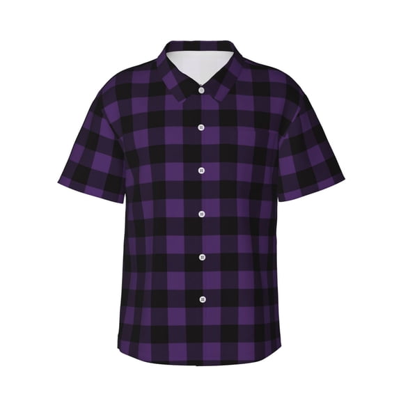 Kuqiui Purple Black Plaid Pattern Men's Casual Button-Down Shirts Hawaiian Shirt Short Sleeve-3X-Large