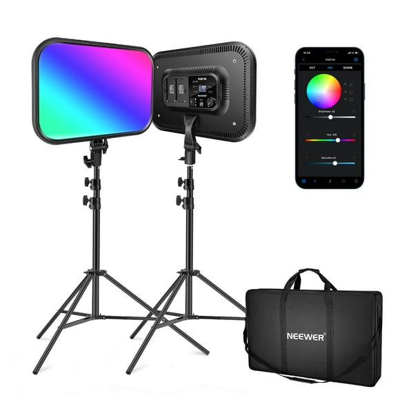 NEEWER 18.3" RGB LED Video Panel Light with App Control, 2 Pack Stand Kit, 360° Full Color/2500K~8500K/CRI97+/17 Scene Effects, 60W RGB168 Studio Lights for