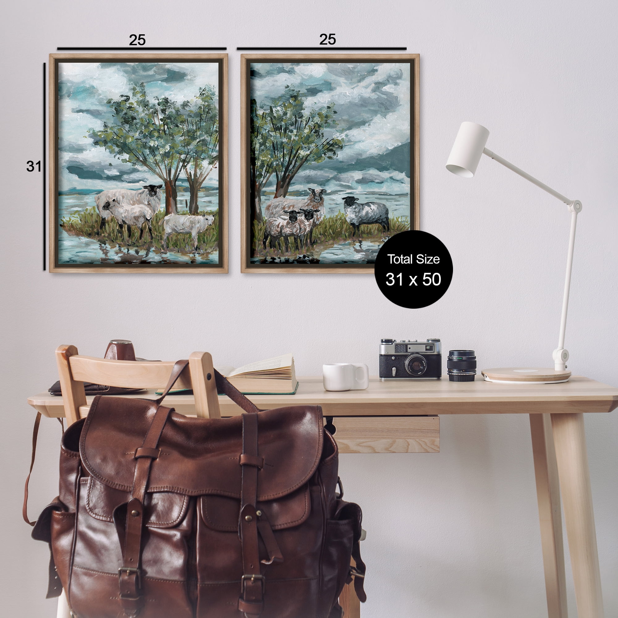 Stupell Industries Sheep in Field Landscape & Nature Painting Brown Floater Framed Canvas Art Print Wall Art, 31 x 25, Set of 2