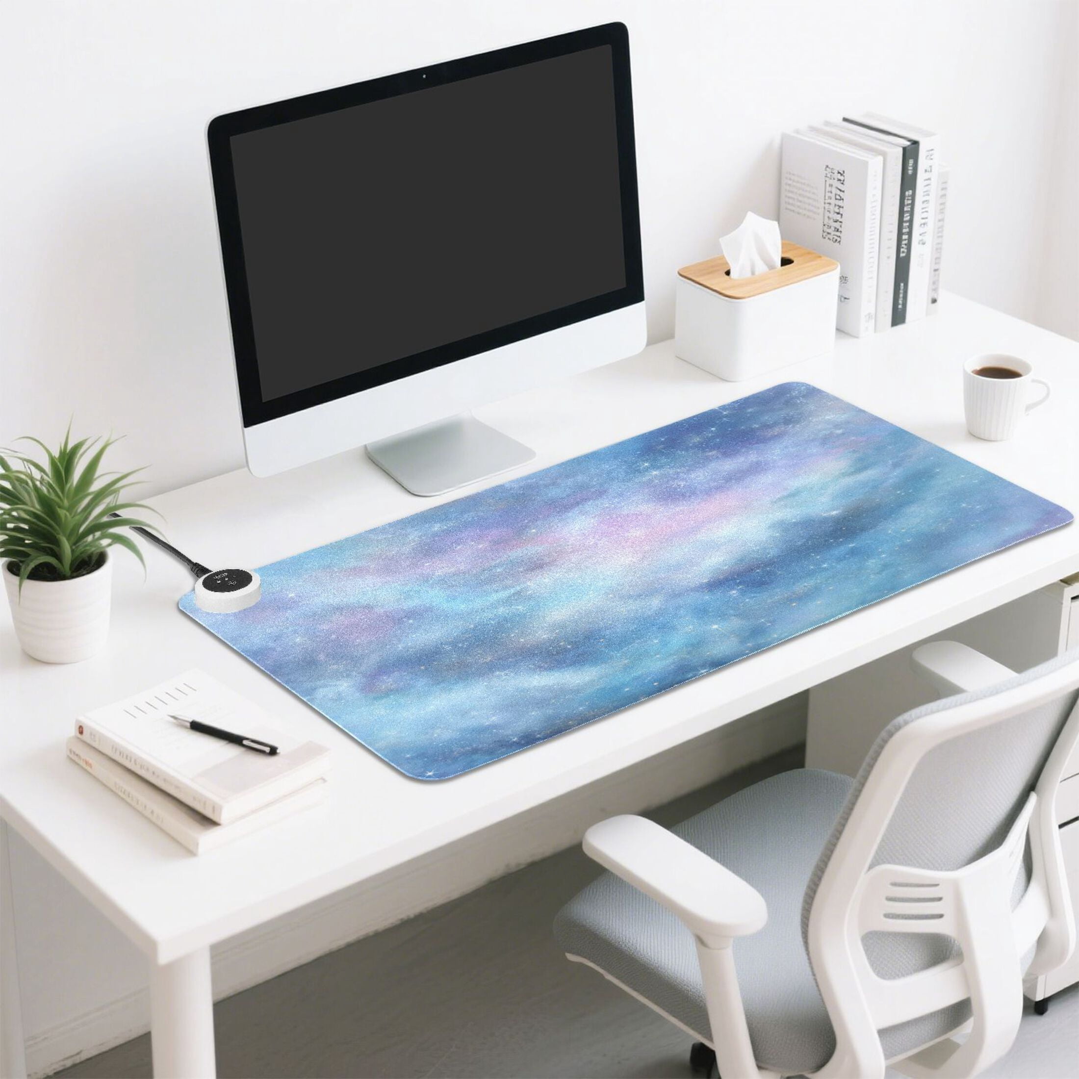Large Heated Desk Mat Mouse Pad 31.5"x13"PU Leather Graphene Heating Desk Warmer with 3 Temperature Settings 110V US Plug Non-Slip Warm Pad for Home, Office, and Gaming Seamless Cosmic Texture Design