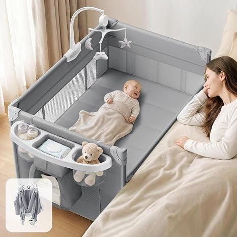 4 in 1 Baby Playard with Bassinet, Portable Bedside Crib Sleeper with Diaper Changer, Foldable Baby Playard Crib with Mattress and Wheels, Newborn to Toddler，Grey